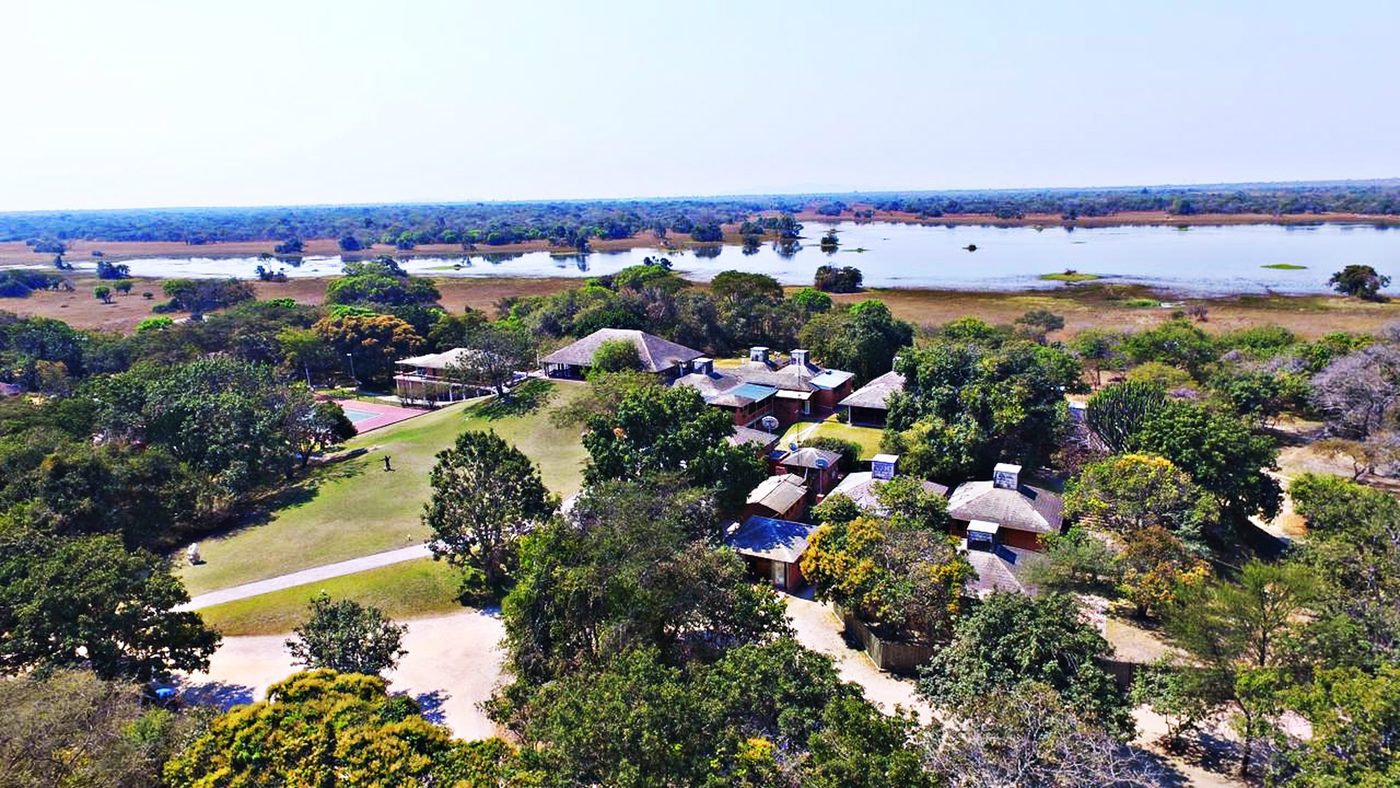 Aerial view of Chaminuka lodge and lake